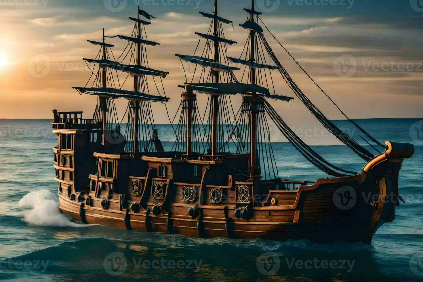 een houten schip in de oceaan Bij zonsondergang. ai-gegenereerd foto