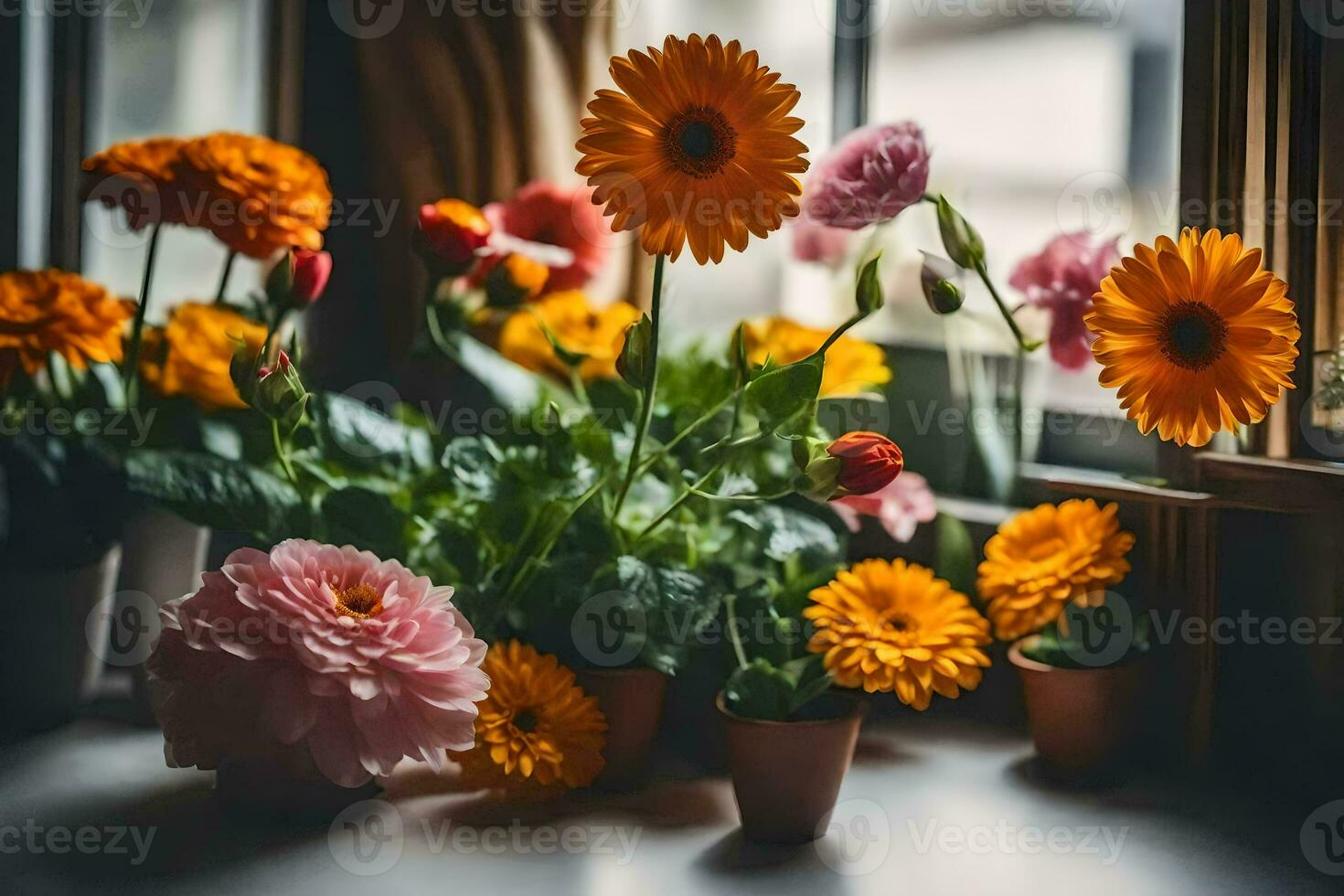 bloemen in potten Aan een vensterbank. ai-gegenereerd foto