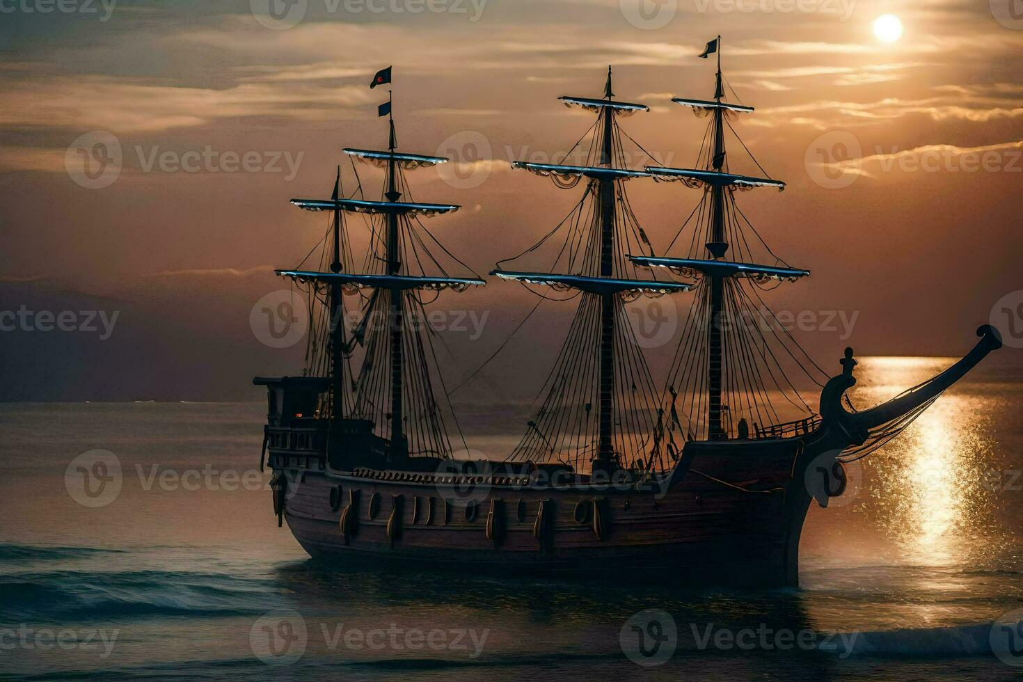 een piraat schip het zeilen in de oceaan Bij zonsondergang. ai-gegenereerd foto