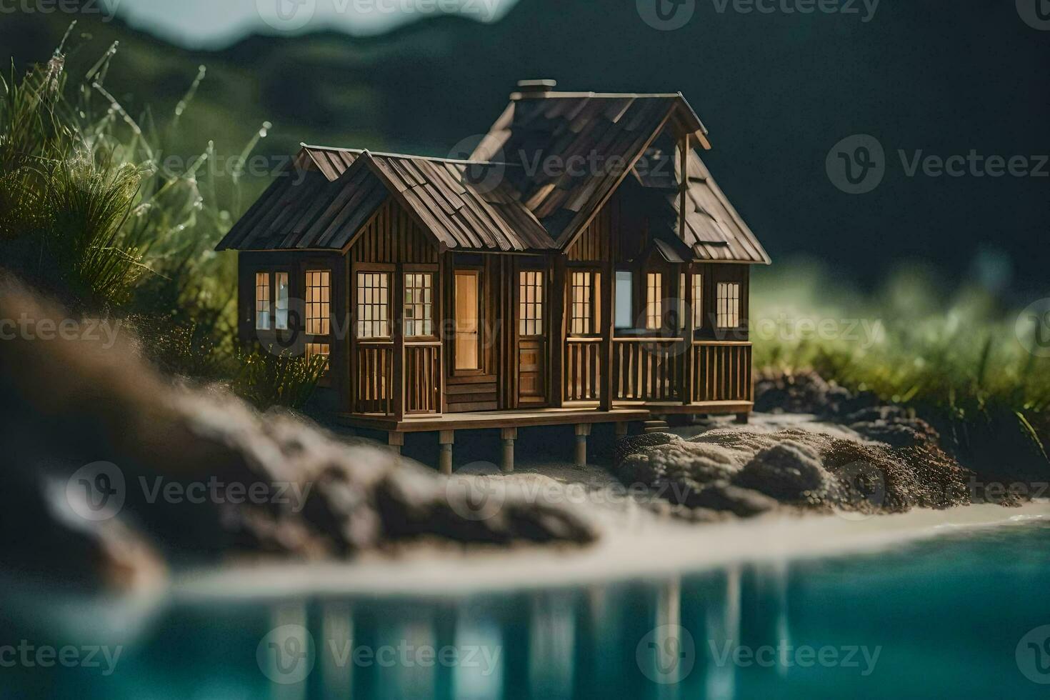 een miniatuur huis Aan een klein eiland door de water. ai-gegenereerd foto