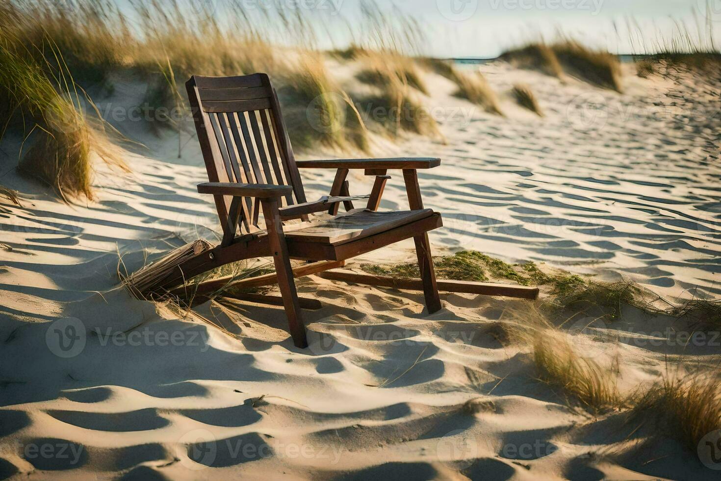 een stoel zit Aan de zand in voorkant van een strand. ai-gegenereerd foto