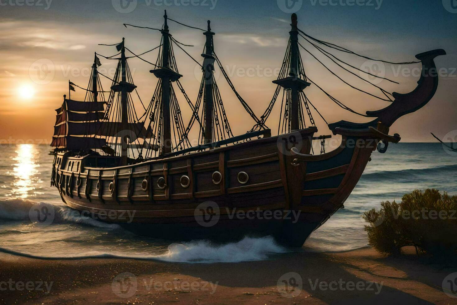een houten schip Aan de strand Bij zonsondergang. ai-gegenereerd foto