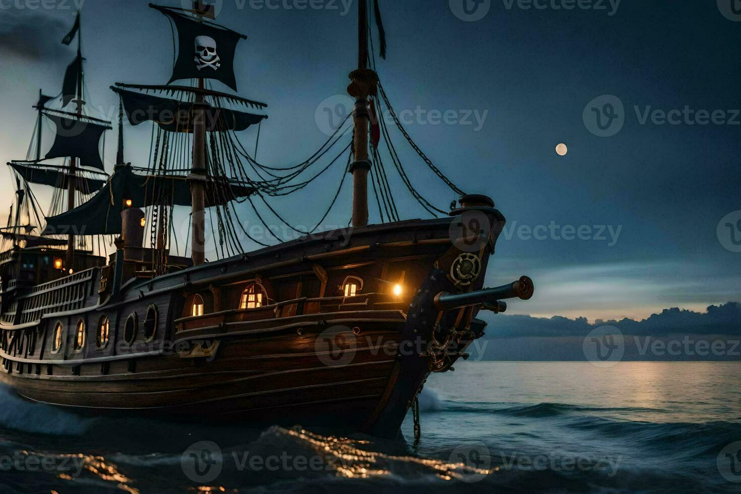 een piraat schip in de oceaan Bij nacht. ai-gegenereerd foto