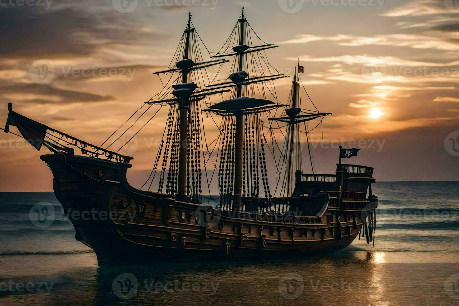 een piraat schip is Aan de strand Bij zonsondergang. ai-gegenereerd foto