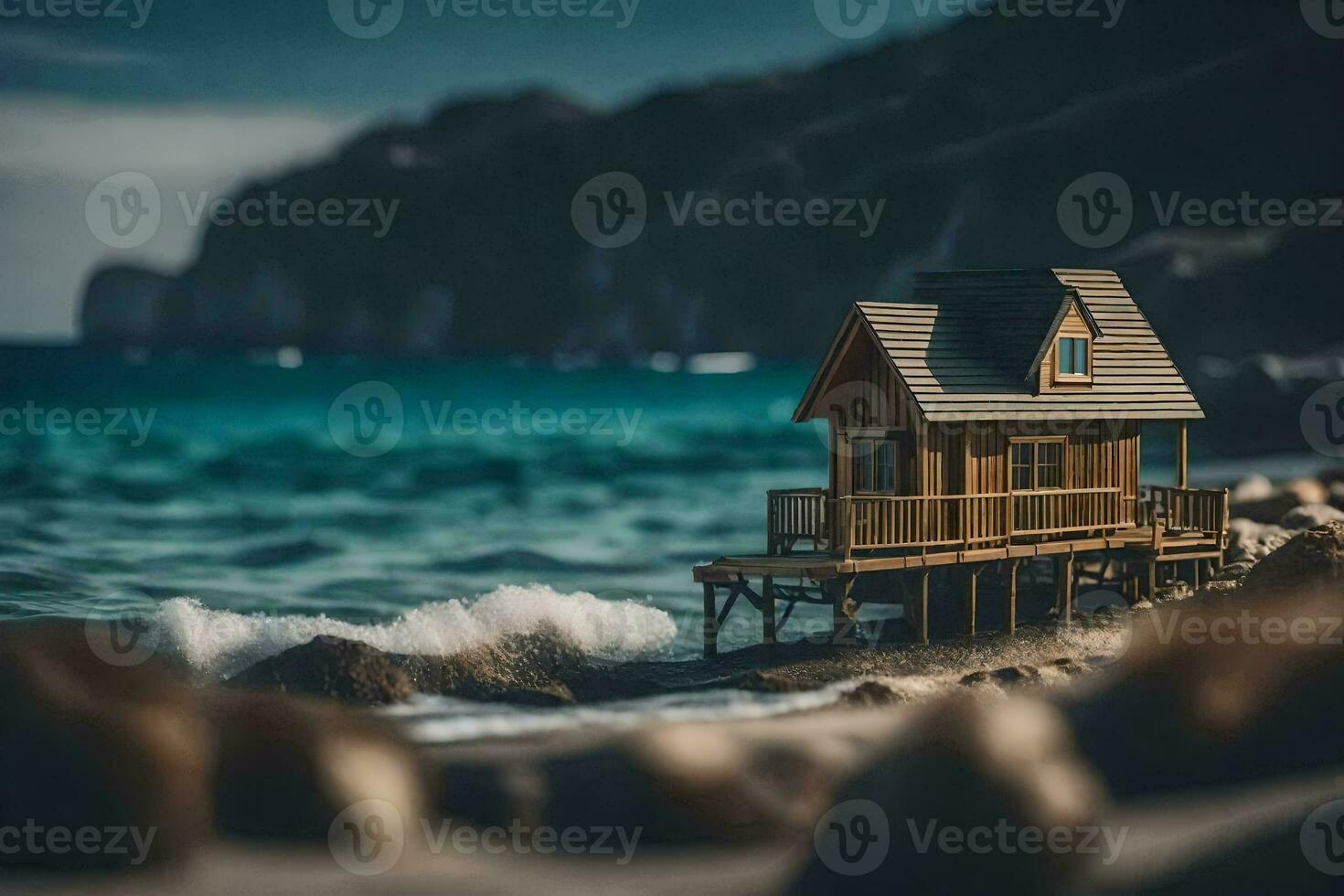 een klein huis Aan de strand door de oceaan. ai-gegenereerd foto