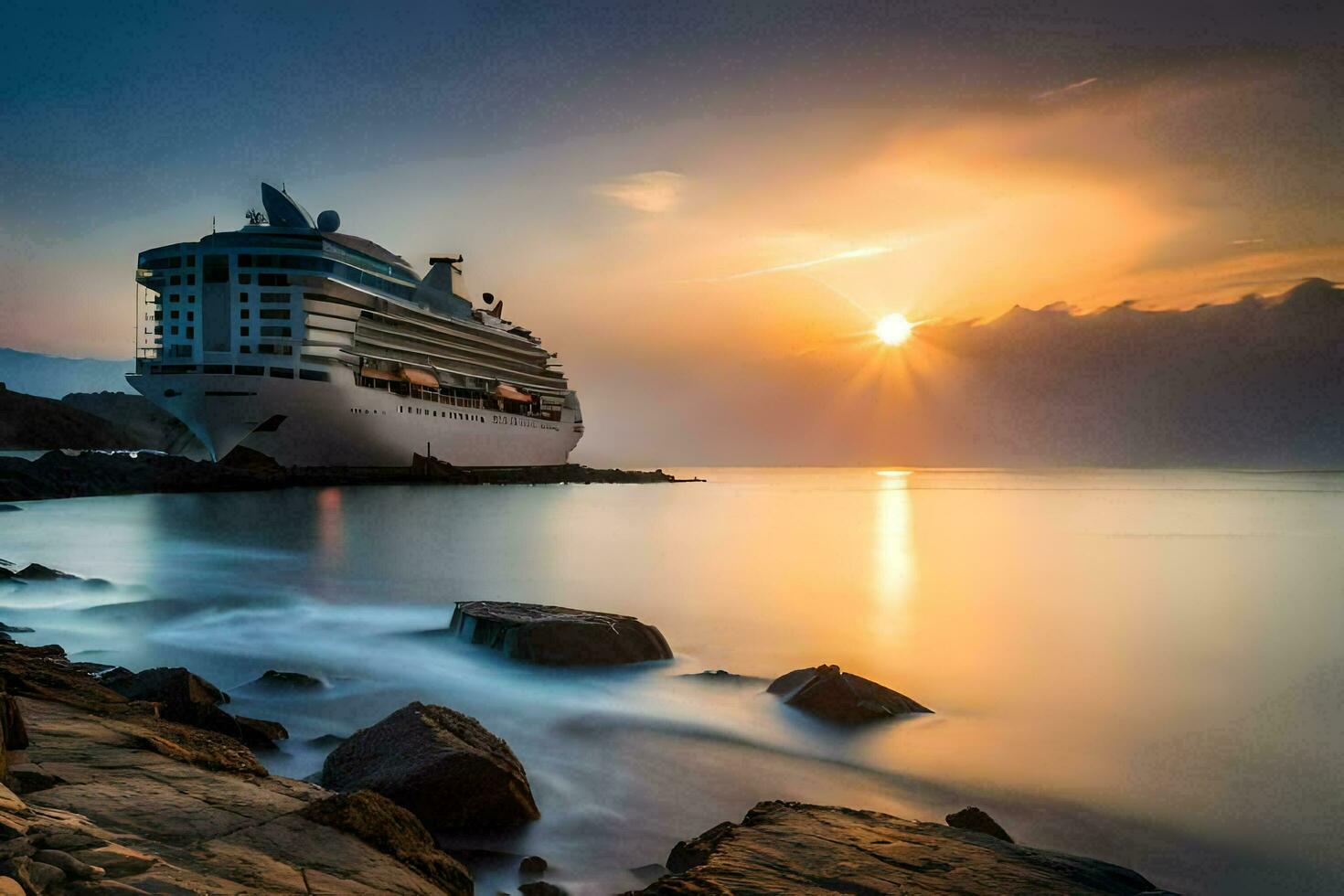 een reis schip in de oceaan Bij zonsondergang. ai-gegenereerd foto