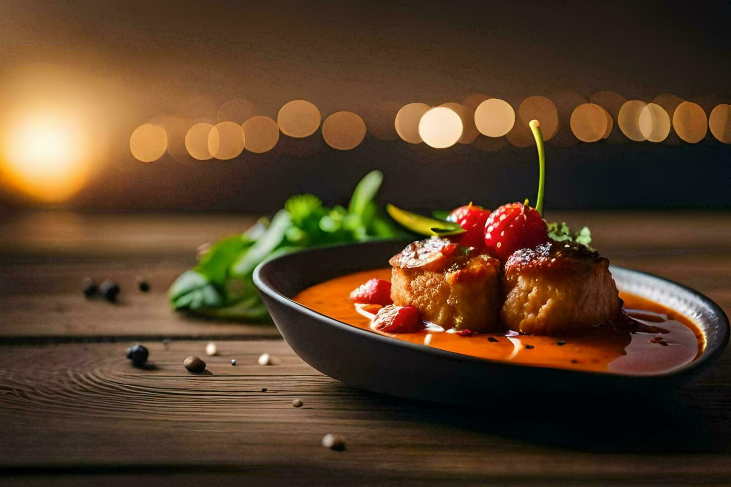 een schotel van voedsel met saus en bessen Aan een houten tafel. ai-gegenereerd foto