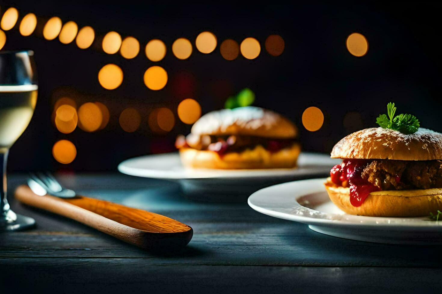 twee hamburgers Aan wit borden met wijn bril. ai-gegenereerd foto