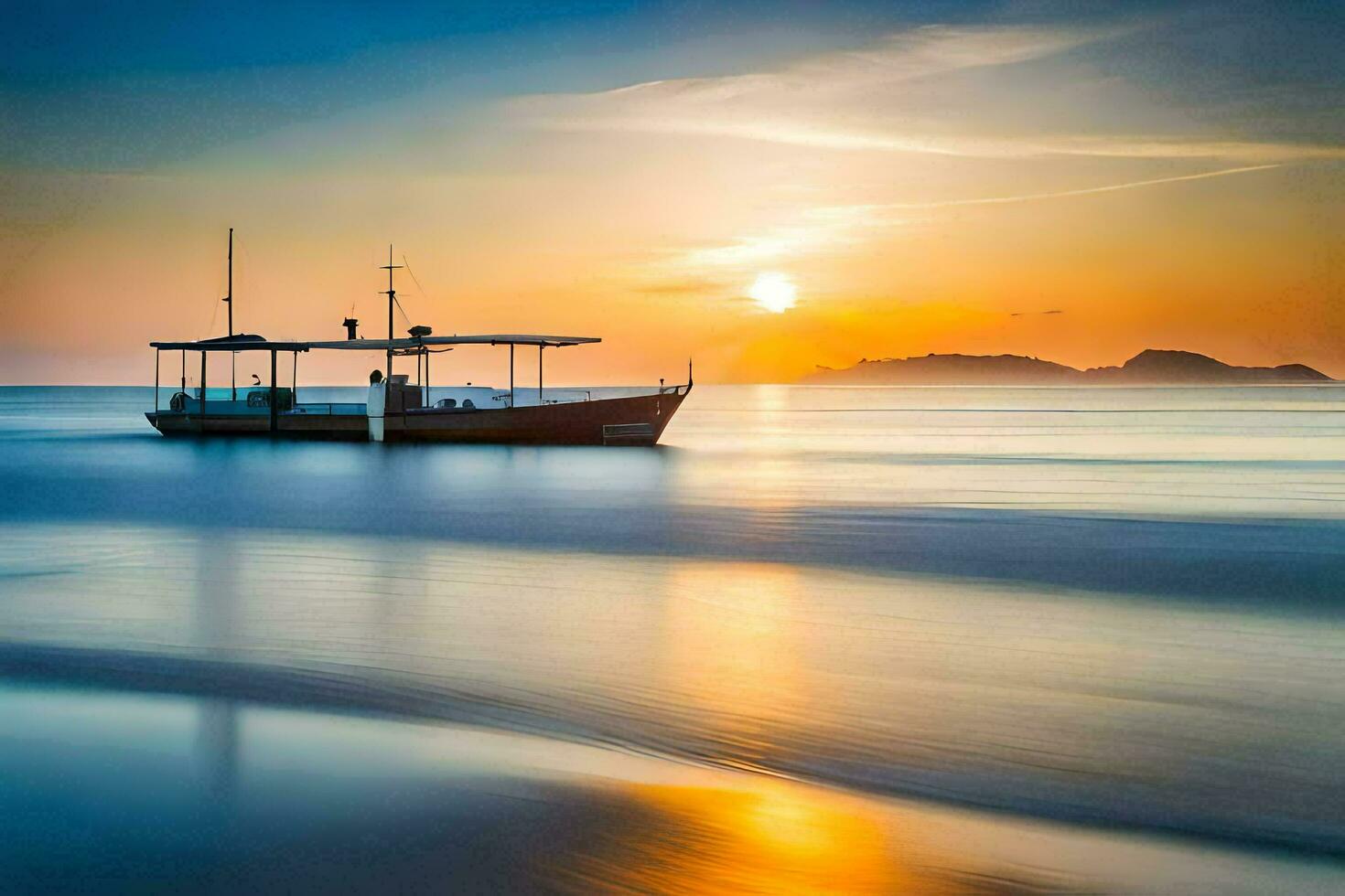 een boot is het zeilen Aan de oceaan Bij zonsondergang. ai-gegenereerd foto