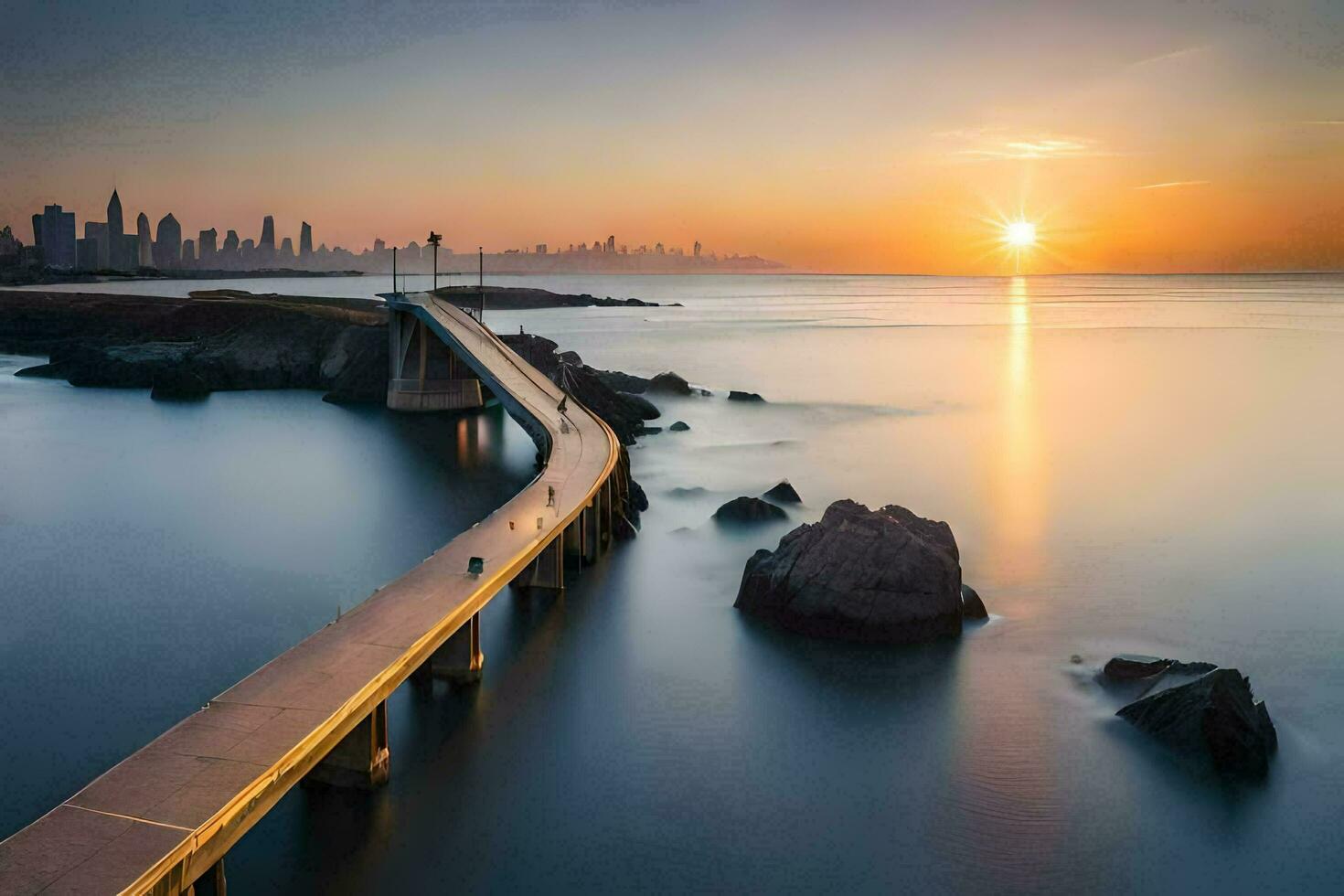 de zon stijgt over- de oceaan en pier in san francisco. ai-gegenereerd foto