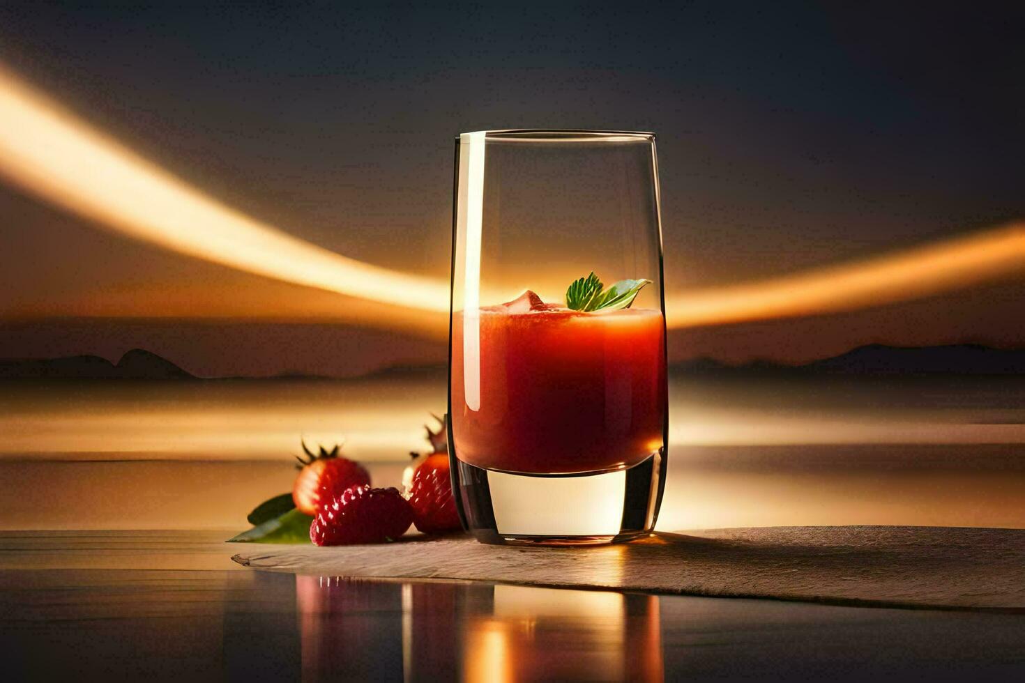 een glas van rood vloeistof met aardbeien Aan de tafel. ai-gegenereerd foto