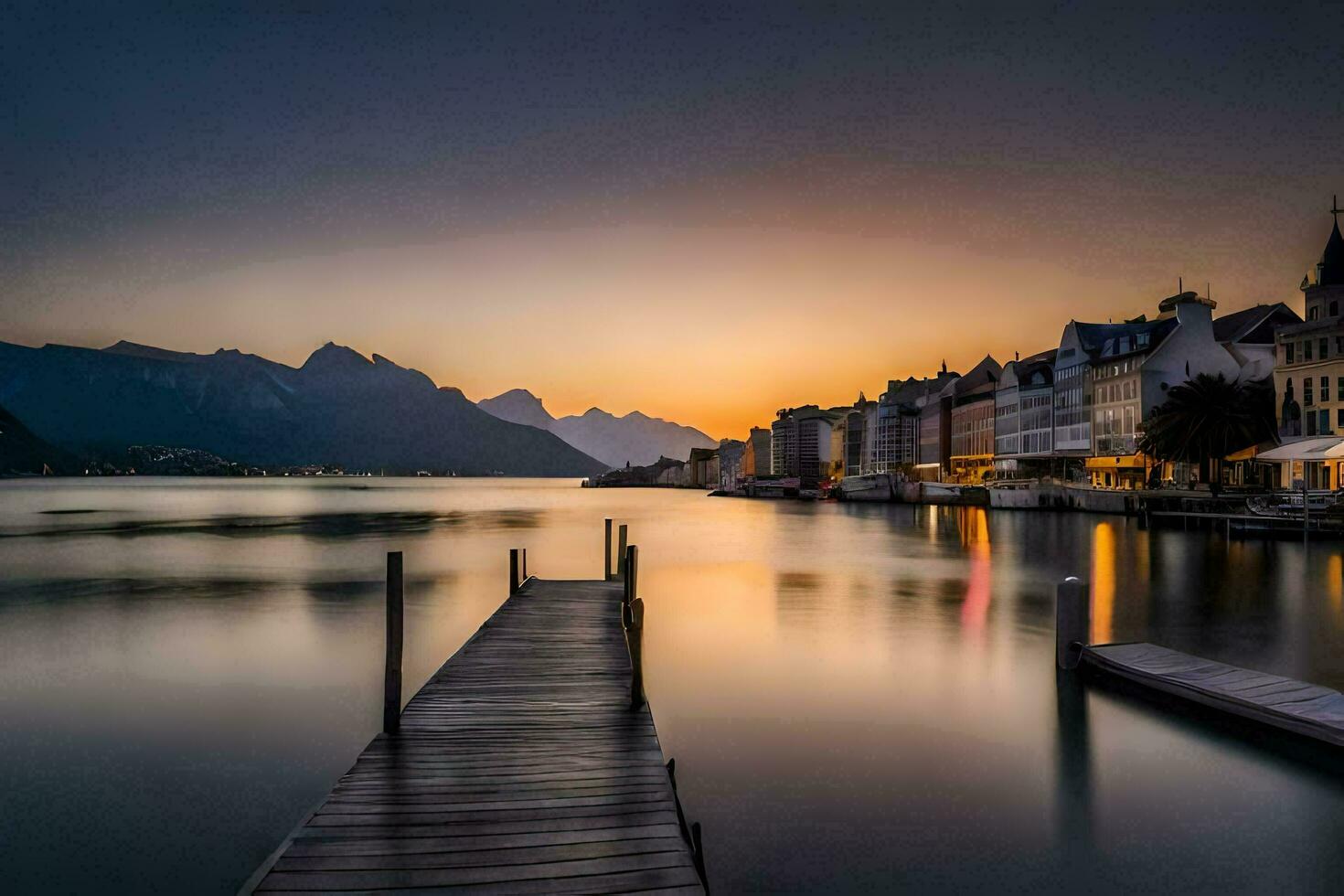 een pier in de midden- van een meer Bij zonsondergang. ai-gegenereerd foto