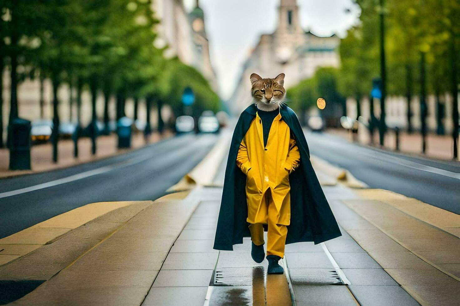 een kat vervelend een geel regenjas en wandelen naar beneden een straat. ai-gegenereerd foto