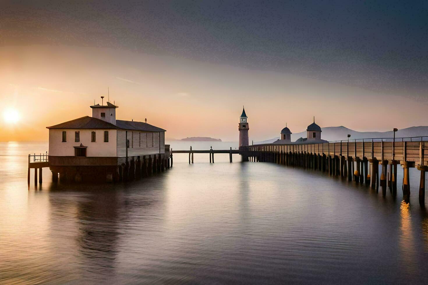 een pier met een kerk en een klok toren Bij zonsondergang. ai-gegenereerd foto