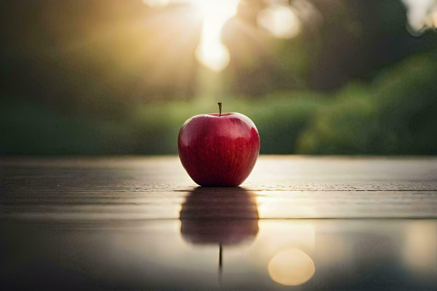 een appel zit Aan een houten tafel in voorkant van de zon. ai-gegenereerd foto