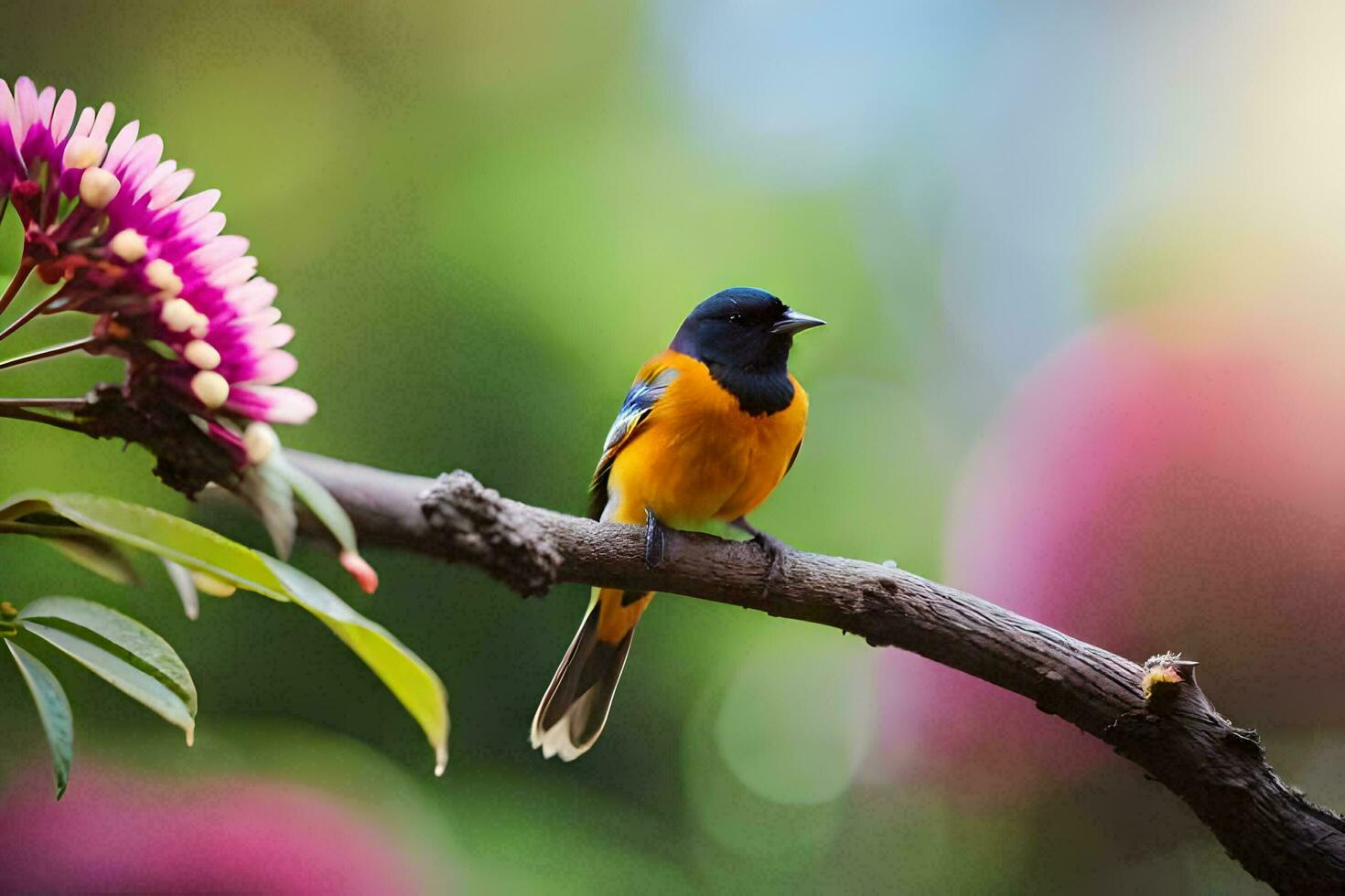 een klein oranje en zwart vogel is zittend Aan een Afdeling. ai-gegenereerd foto