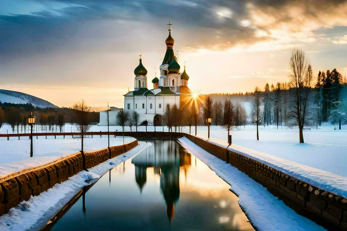de zon sets over- een kerk in de sneeuw. ai-gegenereerd foto
