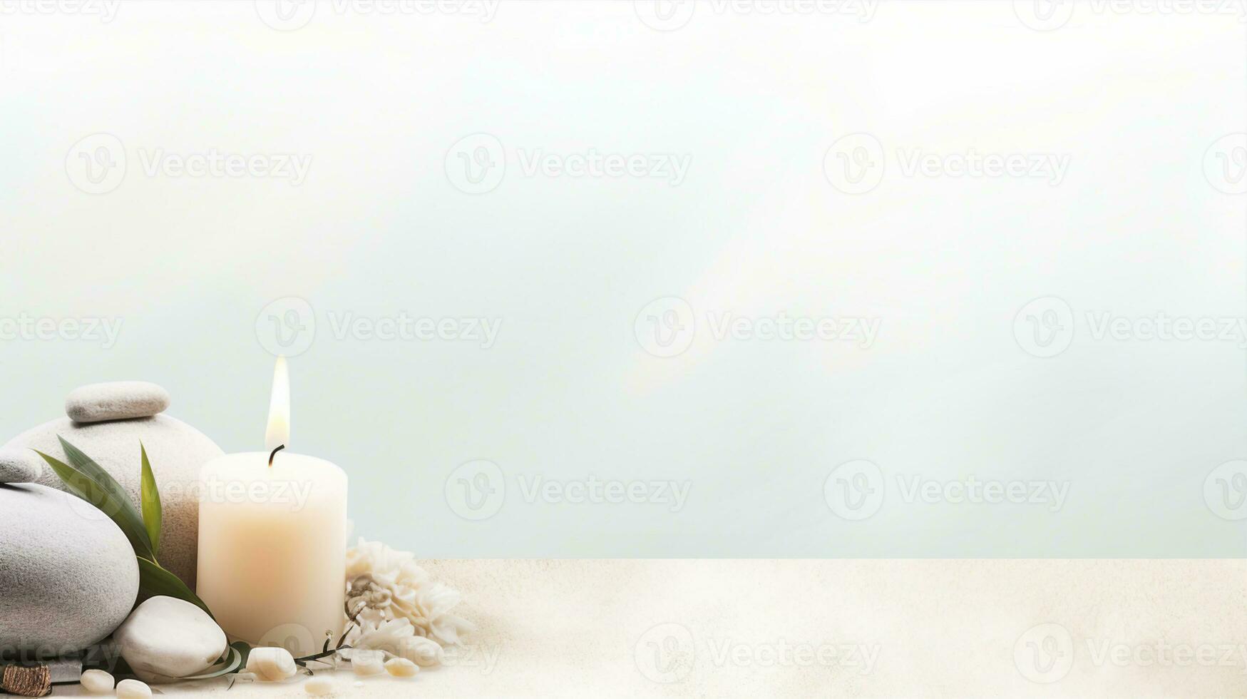 banier wordt weergegeven een sereen spa instelling, aromatisch kaarsen, essentieel oliën, massage stenen, suggereren ontspanning. generatief ai foto