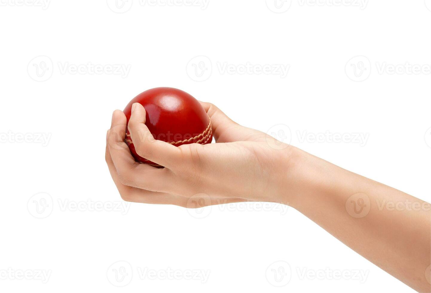 vrouw cricketspeler nemen de vangst van een rood krekel bal in een hand- detailopname foto Aan wit achtergrond