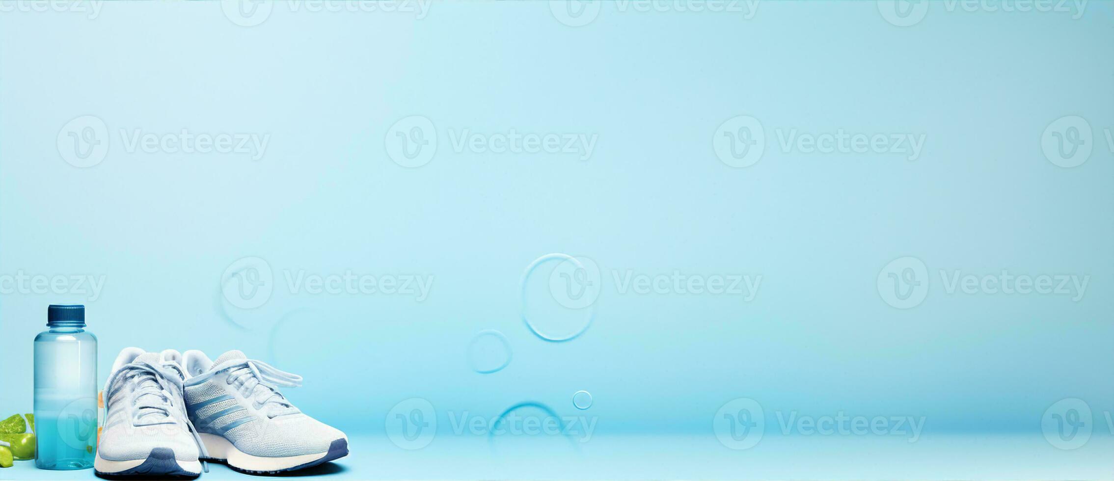een geschiktheid - themed banier met dichtbij - ups van sport- schoenen, een water fles Aan een Sportschool vloer. generatief ai foto
