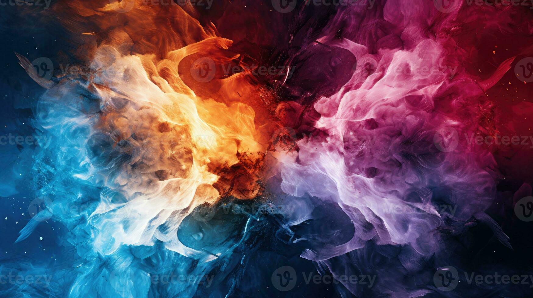 abstract achtergrond met contrast kleuren tussen ijs en brand. levendig kleurrijk rook. kosmisch modern behang foto