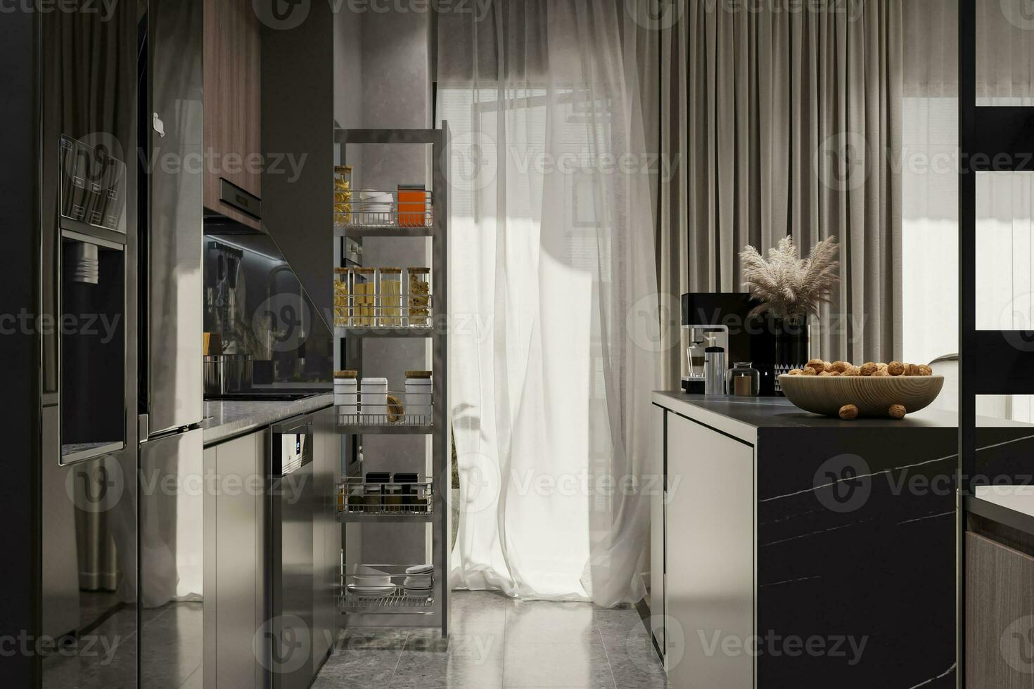 zwart gloed concept in modern keuken interieur, 3d illustratie foto