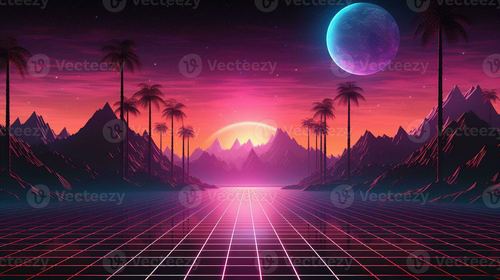 generatief ai, 80s retro futuristische scifi., nostalgisch jaren 90. nacht en zonsondergang neon kleuren, cyberpunk wijnoogst illustratie. zon, bergen en handpalmen. opnieuw magnetron vj videogame landschap.. foto