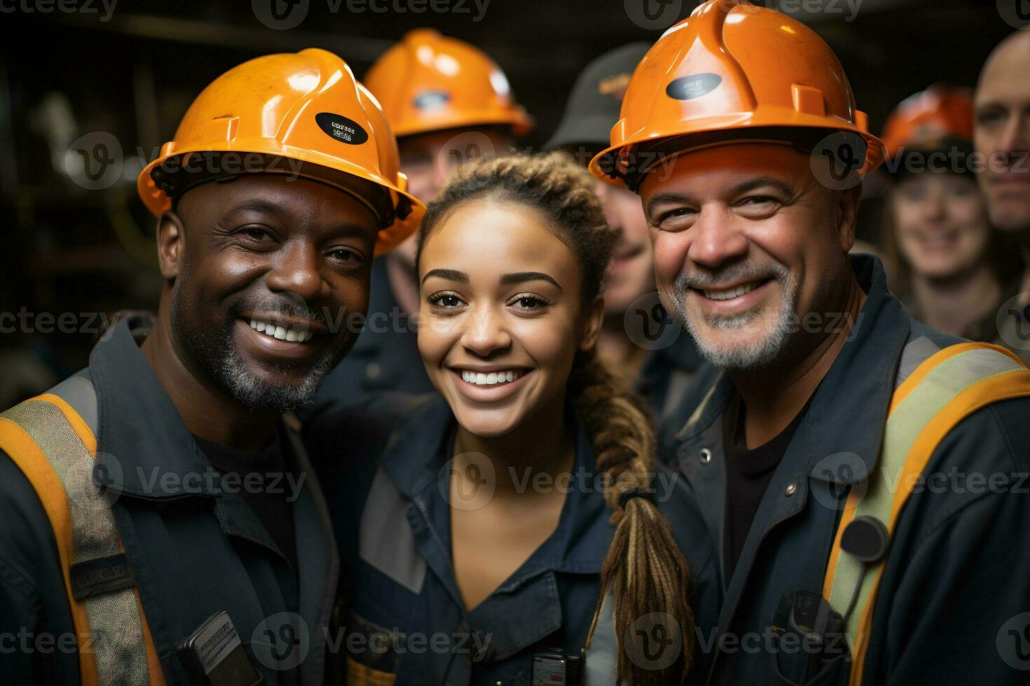 portret van gelukkig industrieel arbeiders staand in voorkant van een bouw plaats foto