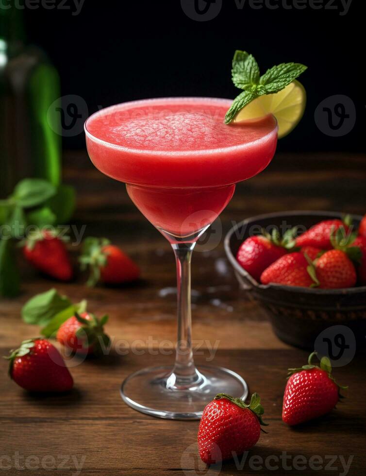 foto van sommige aardbei daiquiri drinken elegant geplateerd Aan een tafel. generatief ai