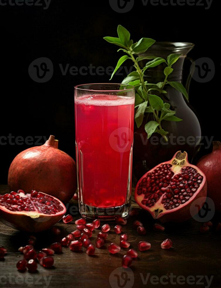 foto van sommige granaatappel sap drinken elegant geplateerd Aan een tafel. generatief ai