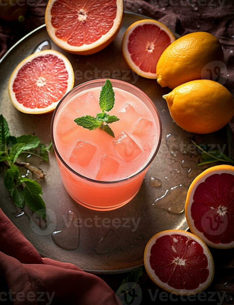 foto van sommige grapefruit spritzer drinken elegant geplateerd Aan een tafel. generatief ai