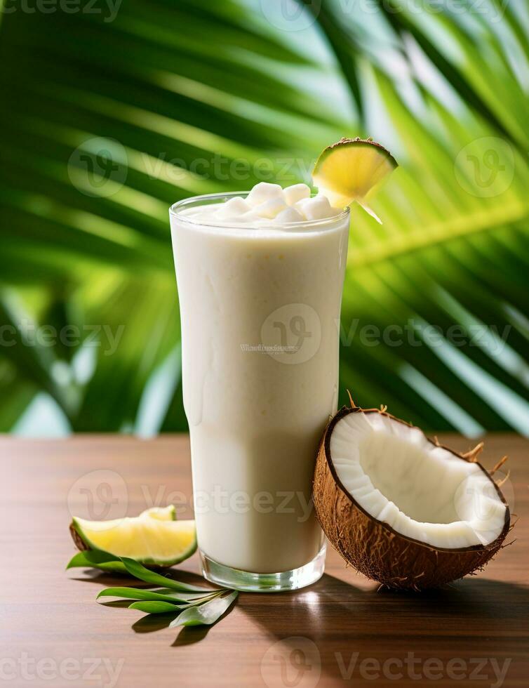 foto van sommige kokosnoot pina colada smoothie drinken elegant geplateerd Aan een tafel. generatief ai