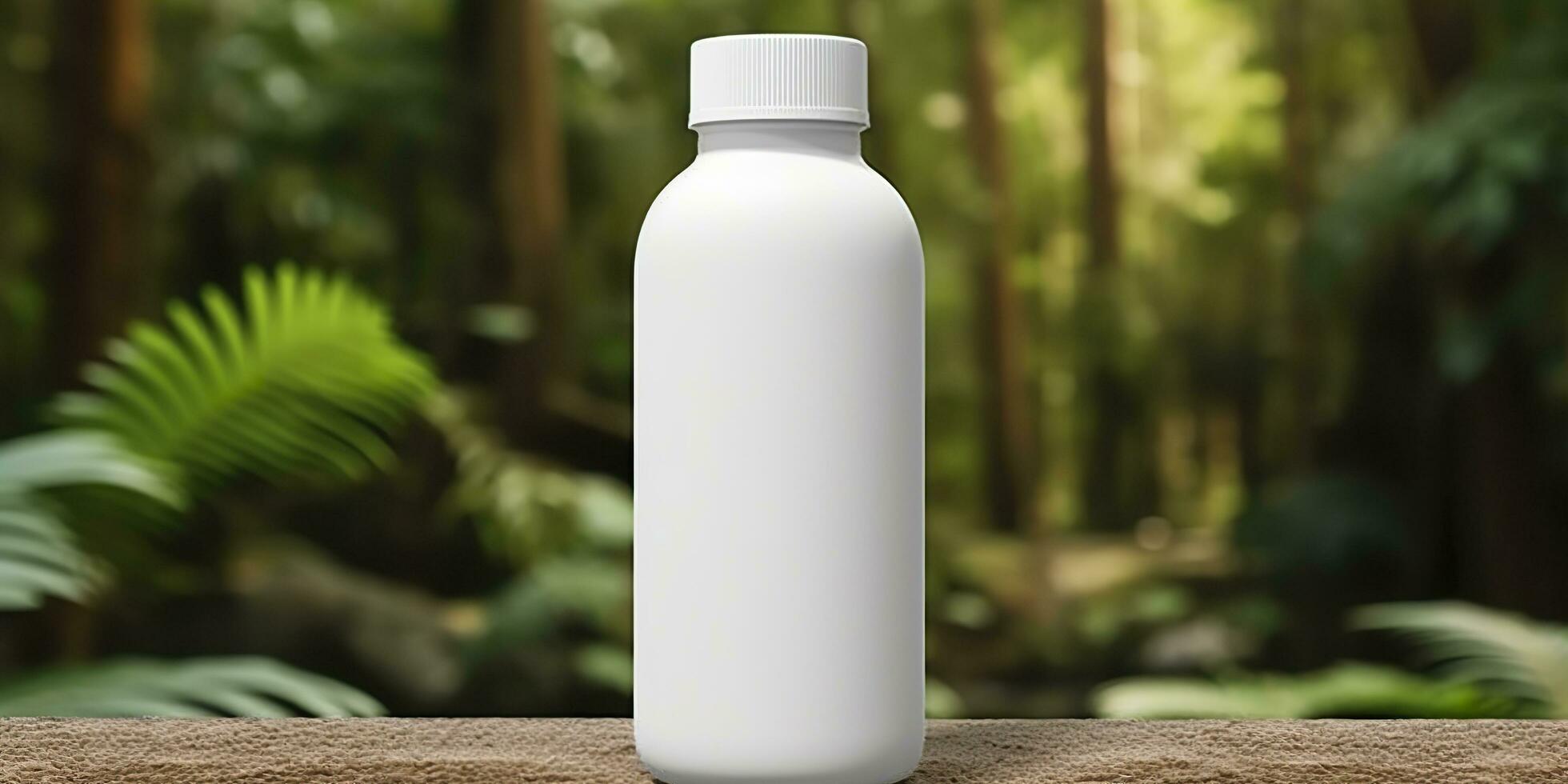 wit blanco fles mockup met natuurlijk thema achtergrond. ai generatief foto