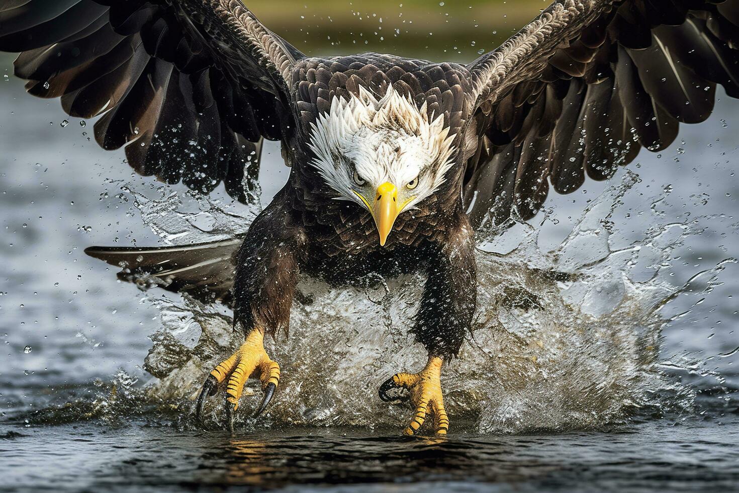 visvangst kaal adelaar, een kaal adelaar geconfronteerd camera vangsten een vis uit van de water, in de stijl van nationaal geografisch wedstrijd winnaar, super telefoto dichtbij omhoog. ai generatief foto