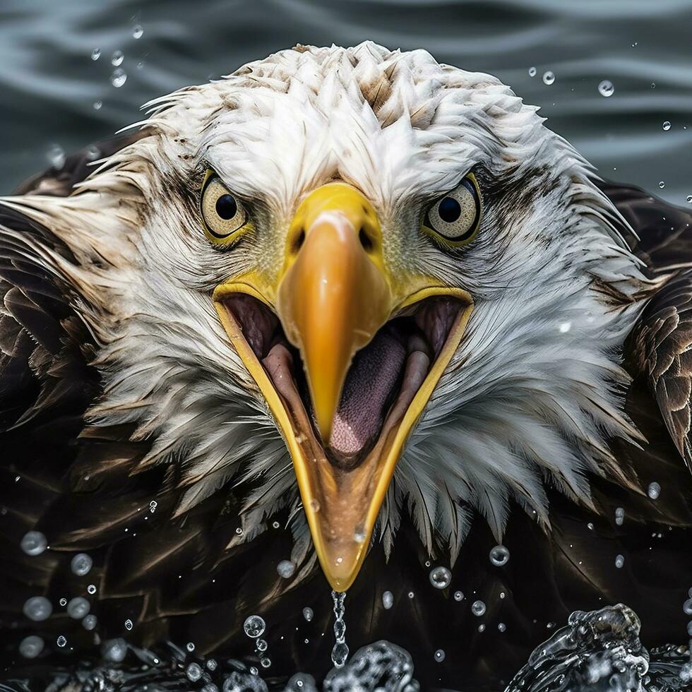 visvangst kaal adelaar, een kaal adelaar geconfronteerd camera vangsten een vis uit van de water, in de stijl van nationaal geografisch wedstrijd winnaar, super telefoto dichtbij omhoog. ai generatief foto