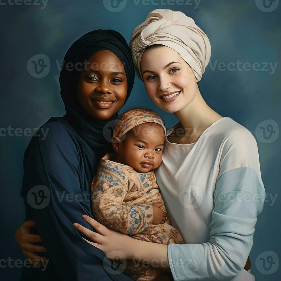 fotorealistisch beeld van twee jong Dames met een kind. adoptie van lgbt koppels, geadopteerd kinderen in hetzelfde geslacht gezinnen. ai gegenereerd foto