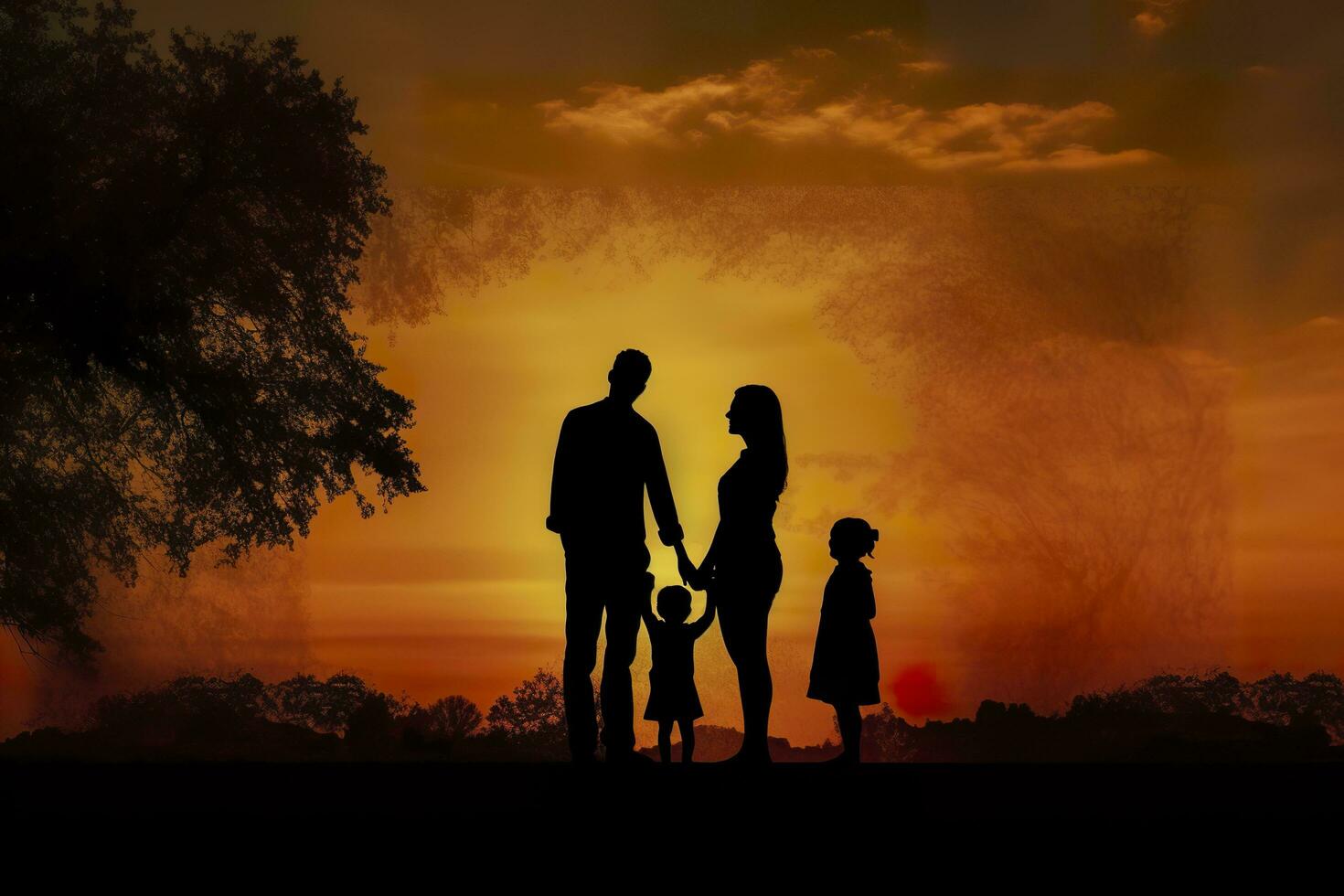 schaduw van gelukkig familie samen, ouders met hun weinig baby Bij zonsondergang. een silhouet van liefde en eenheid. ai generatief foto