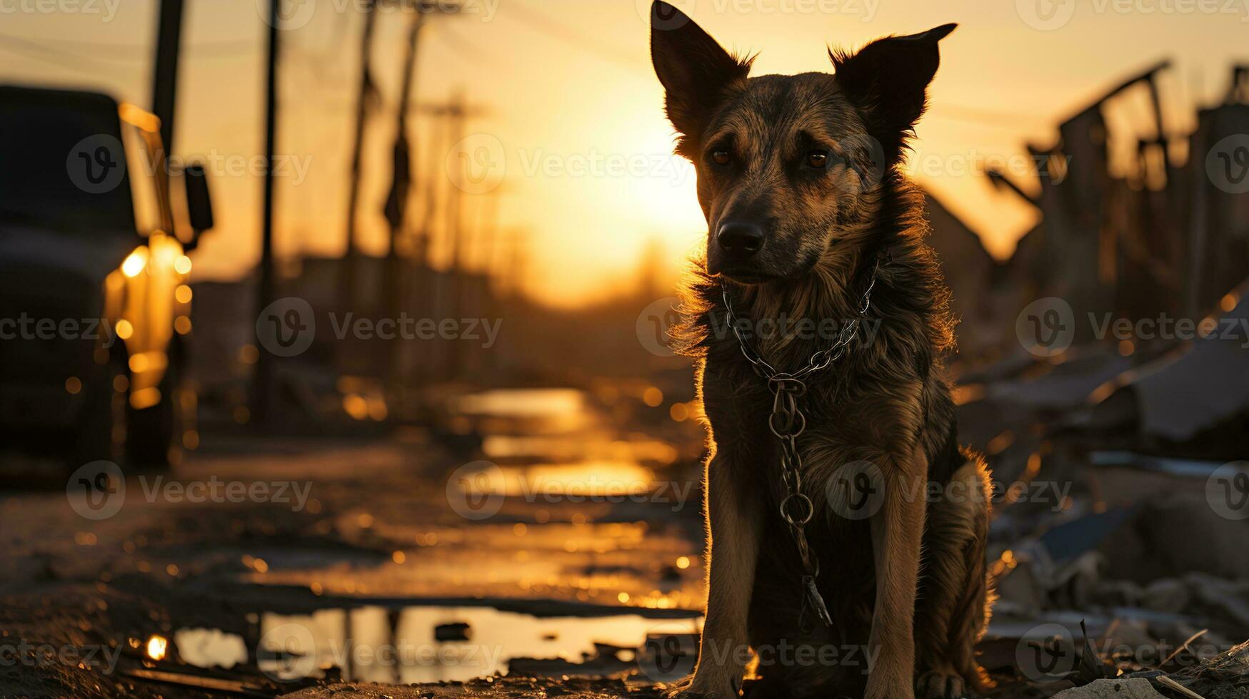 verdwaald hond Aan een beschadigd straat in middag licht - een krachtig beeld voor dier rechten belangenbehartiging, ai generatief foto