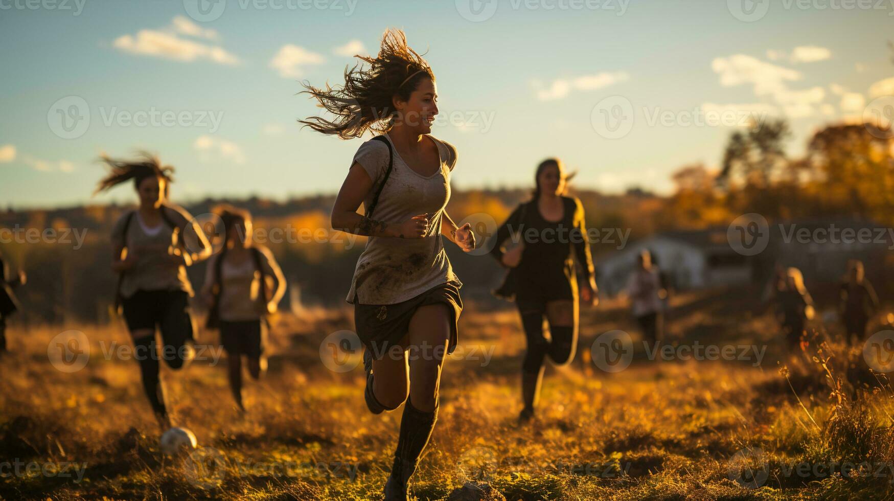 vrouwen voetbal wedstrijd, atleten concurrerende Aan de veld- met middag licht, een schouwspel van vrouw samenspel en atletisch uitmuntendheid, ai generatief foto