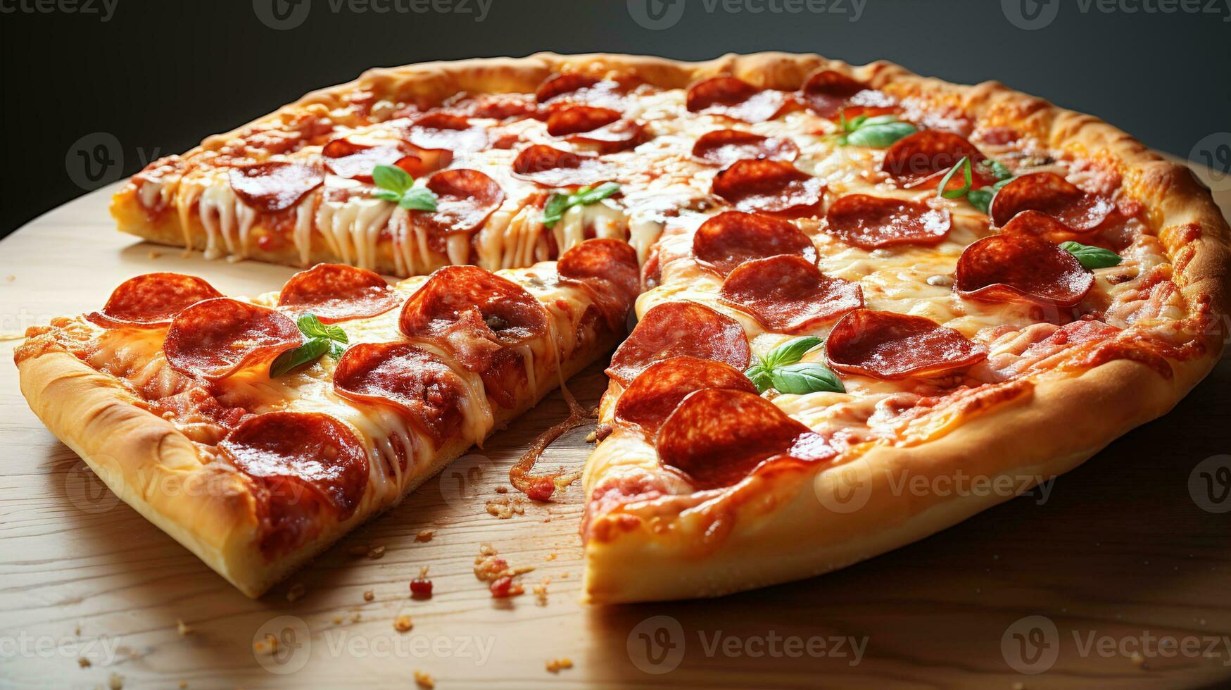 heerlijk eigengemaakt peperoni pizza, plak van pizza, klassiek Italiaans comfort voedsel met hartig peperoni, ai generatief foto