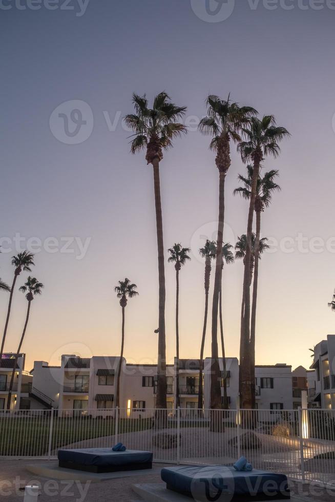 vroege ochtend met zonsopgang bij hotel en palmbomen foto