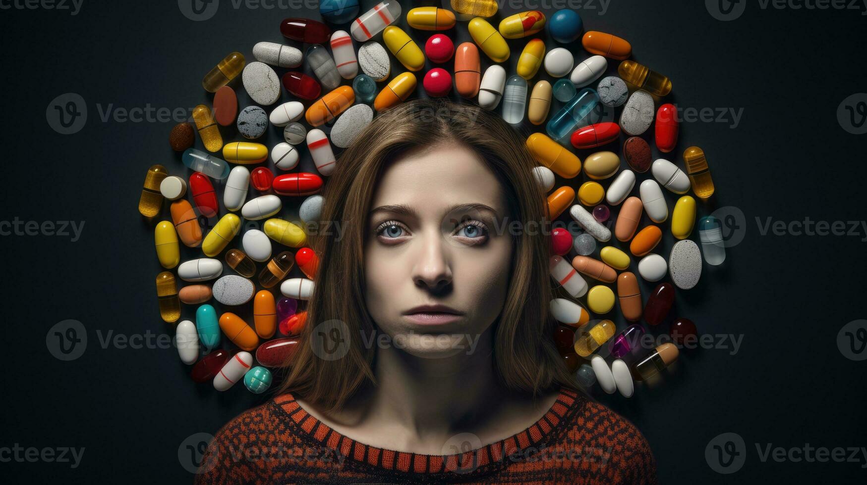 portret van een mooi meisje en een veel van pillen Aan een donker achtergrond. foto