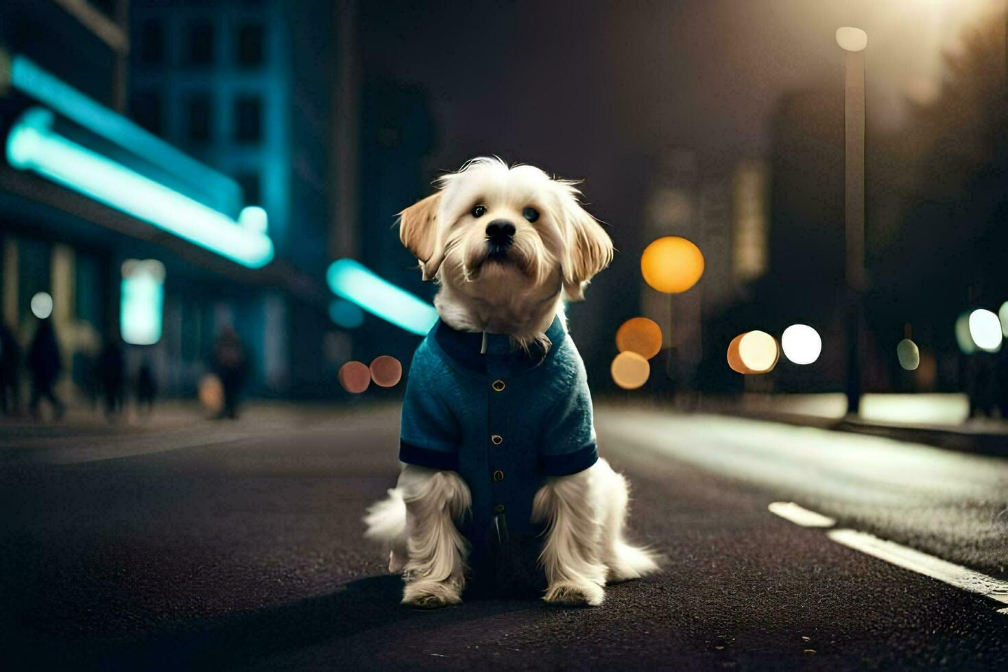 een klein hond in een blauw trui is zittend Aan de straat Bij nacht. ai-gegenereerd foto