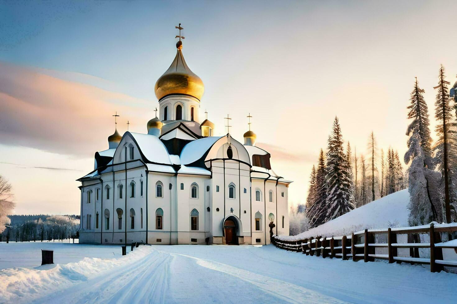 een kerk in de sneeuw met een gouden koepel. ai-gegenereerd foto