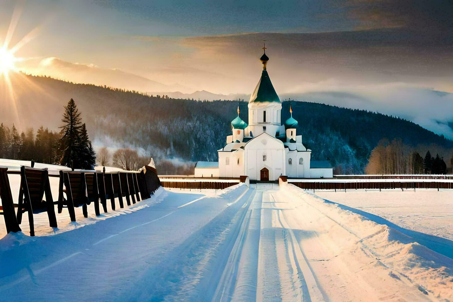een kerk in de sneeuw met een weg leidend naar het. ai-gegenereerd foto
