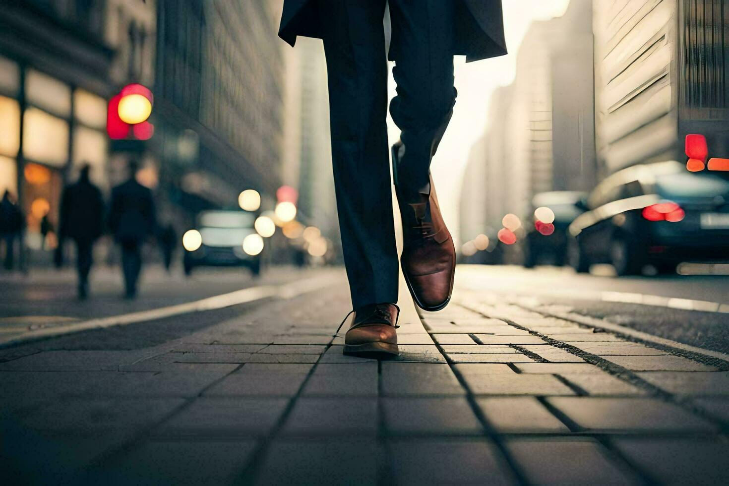 een Mens in een pak en stropdas wandelen naar beneden een stad straat. ai-gegenereerd foto