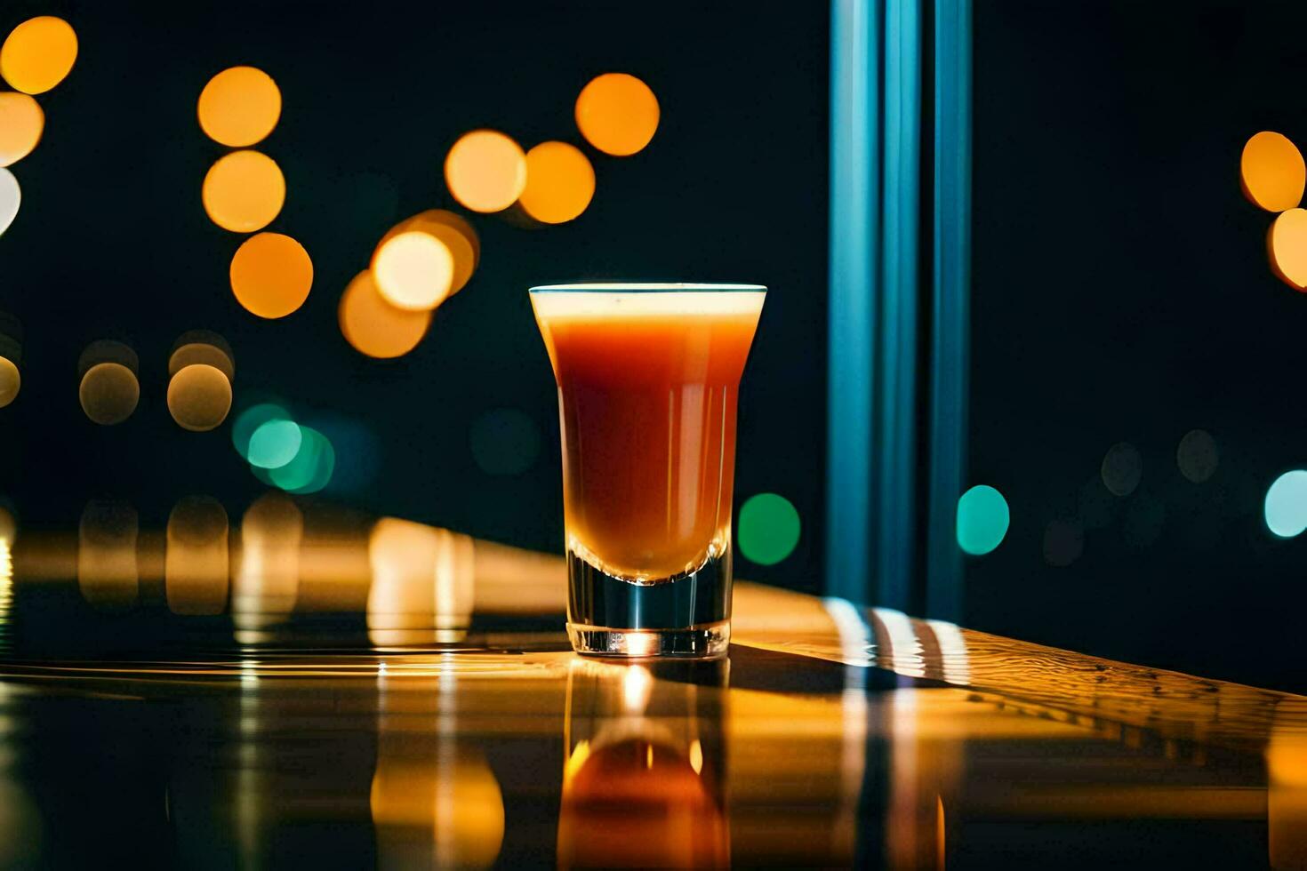 een glas van oranje sap zittend Aan een bar. ai-gegenereerd foto