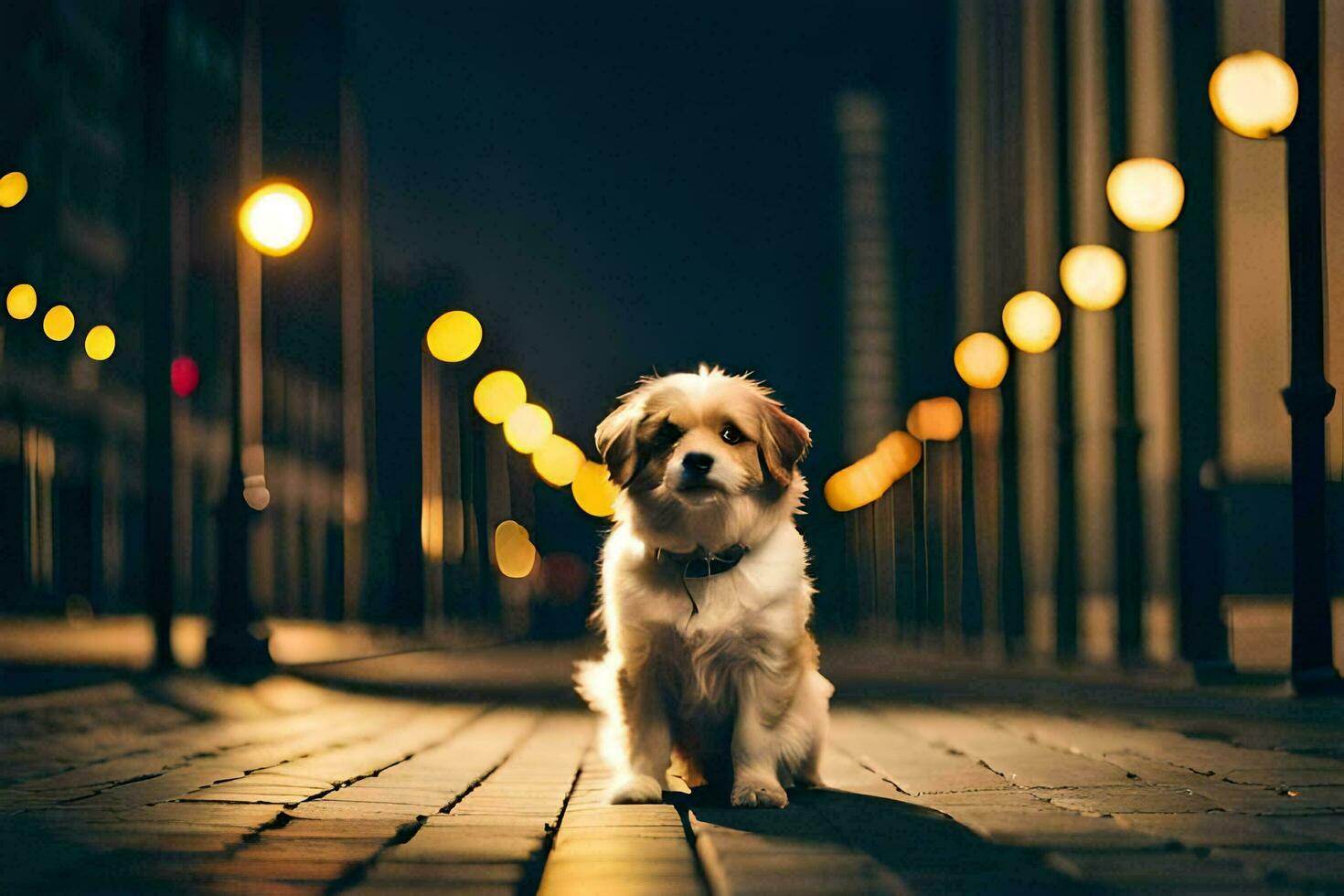 een hond zittend Aan een steen loopbrug Bij nacht. ai-gegenereerd foto