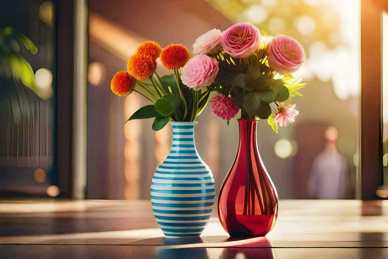 twee vazen met bloemen zittend Aan een tafel. ai-gegenereerd foto