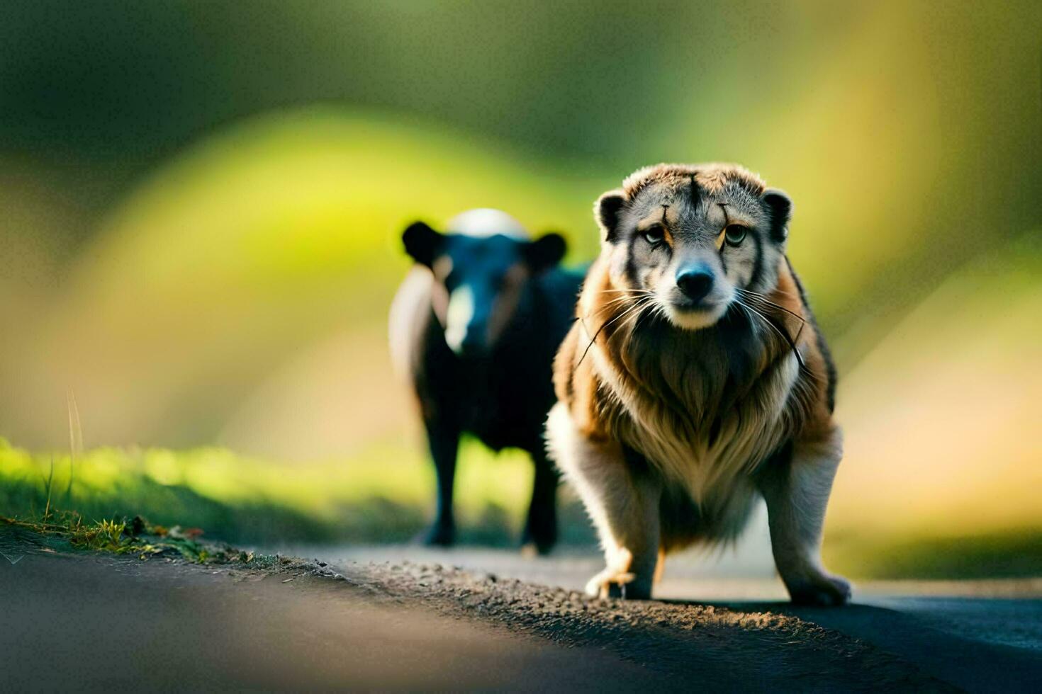 twee honden wandelen Aan de weg De volgende naar elk ander. ai-gegenereerd foto